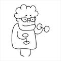 Cute doodle vector drawing. elderly woman goes in for sports. funny grandmother, grandma with dumbbells doing exercises.